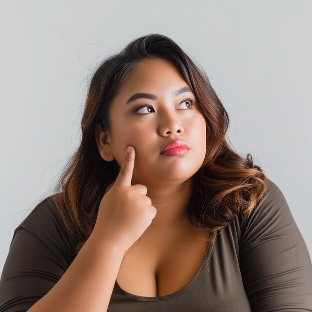 Portrait of a plus size beautiful Asian woman with a thinking look and looking up