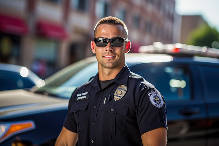 Photo portrait of a policeman near a police car