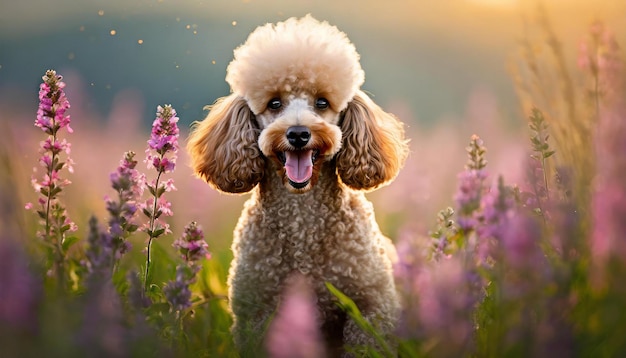 Portrait of poodle dog breed in field with pink flowers Cute pet Domestic animal Blurred backdrop