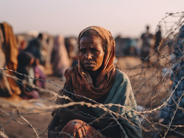 Портрет бедной женщины-беженки в закатном свете, люди, идущие от войны или власти