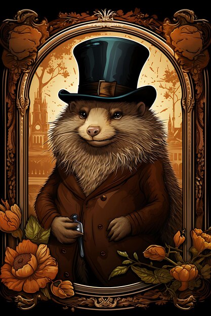 Portrait of Porcupine Holding Bowler Hat and Cane With Gentlema Vintage Poster 2D Flat Design Art