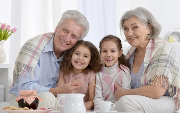 Portrait of a Portrait of a happy senior couple with grandchildren  at home drinking tea