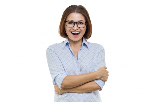 Portrait of positive aged woman with folded arms