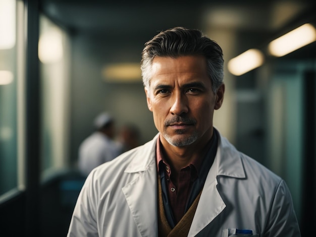 Photo portrait of positive mature handsome doctor smiling to camera standing by glass window