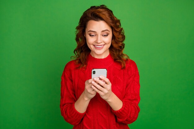 Portrait of positive woman use smart phone