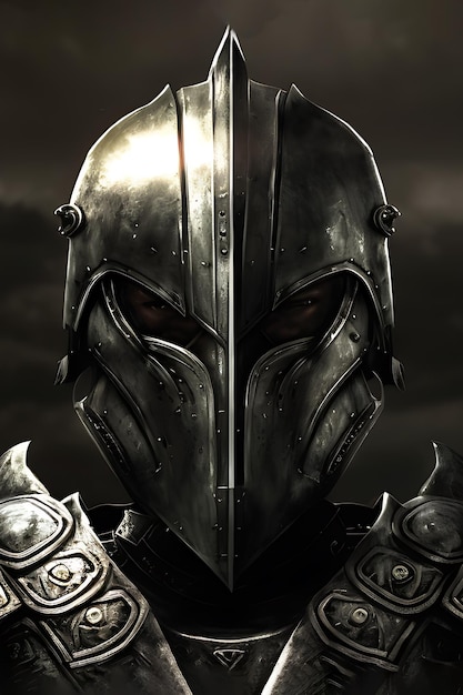 Portrait of a postapocalyptic warrior in an armored helmet