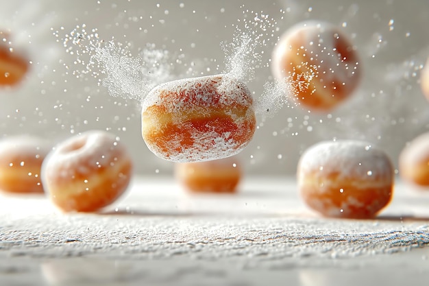 Portrait of powder sugar donuts falling from above in a clean surface with empty space generative ai