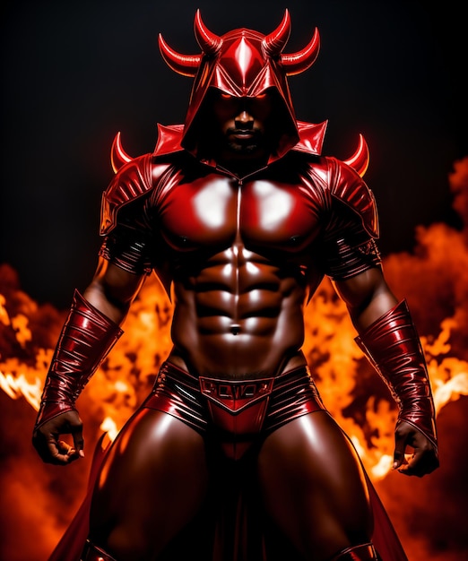 Portrait of a powerful devil in a red suit on fire background