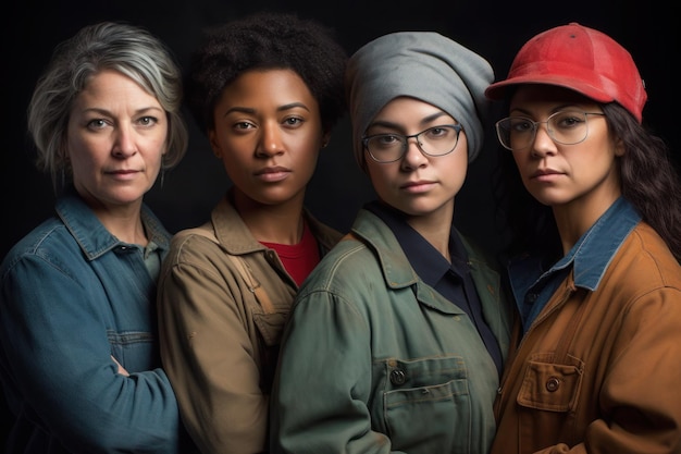 Portrait of powerful multiethnic women factory workers ai generated