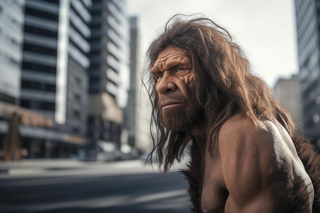 Portrait of prehistoric man at city street in present time Generative AI