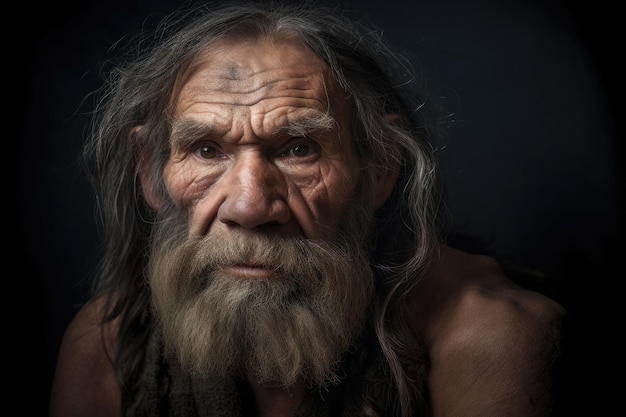 Portrait of prehistoric man on dark background Generative AI