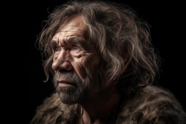 Портрет доисторического человека на темном фоне Генеративный ИИ