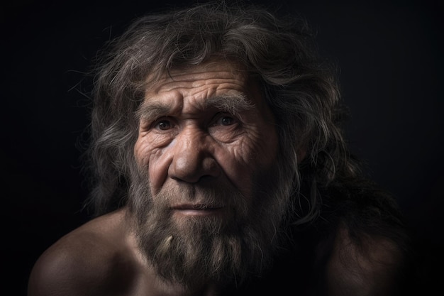 Portrait of prehistoric man on dark background Generative AI