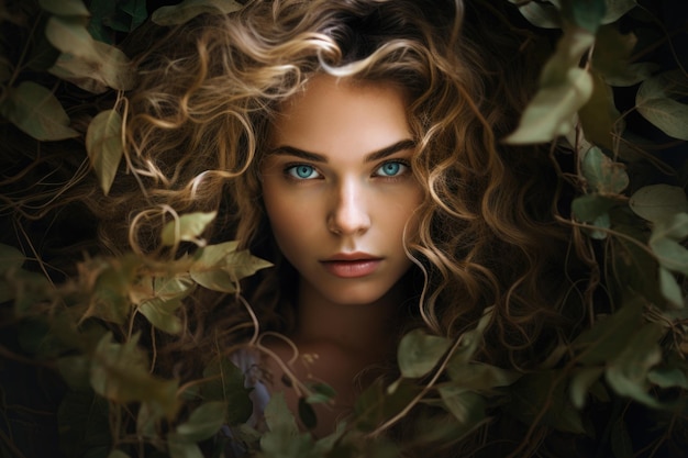 Портрет красивой блондинки с вьющимися волосами и голубыми глазами на фоне листвы