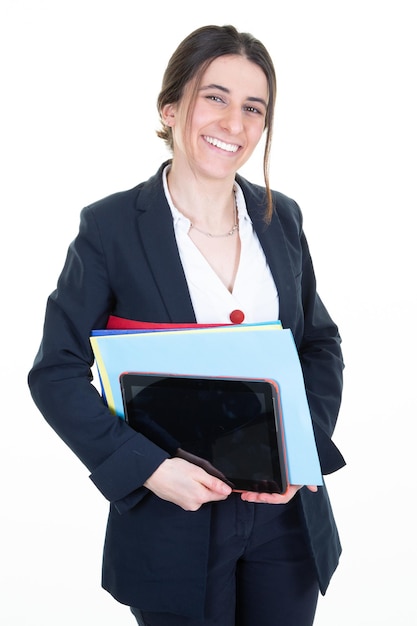 Portrait of pretty businesswoman student on white background