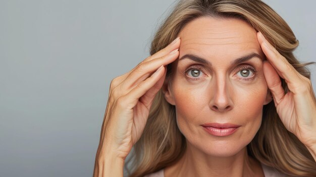 Photo portrait of pretty charming attractive middle aged woman with perfect face skin checking wrinkles on her forehead holding fingers on brow isolated on grey background