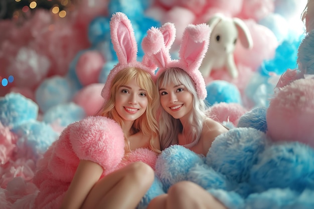 Portrait of pretty cute girls with beaming smiles wearing rabbit ears on head Easter concept