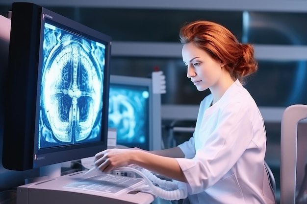 Portrait of pretty doctor working in modern hospital at mri ct xray scan Generative Ai