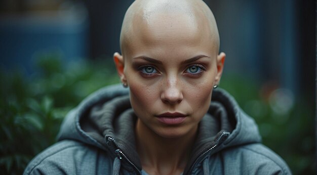 Foto ritratto di una bella donna senza capelli sullo sfondo ritratto della donna calva donna cancro donna