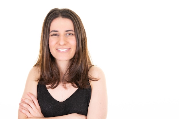 Portrait pretty Happy Woman brunette in white wall background aside copy space