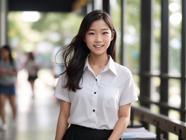 Portrait of pretty joyful teenage asian student woman in white shirt and black short skirt