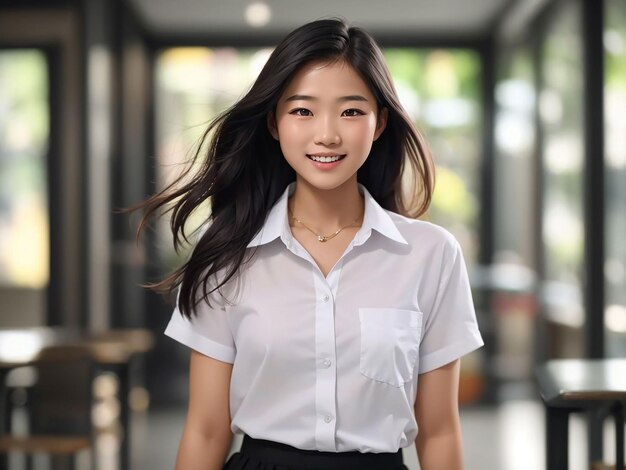 Portrait of pretty joyful teenage asian student woman in white shirt and black short skirt