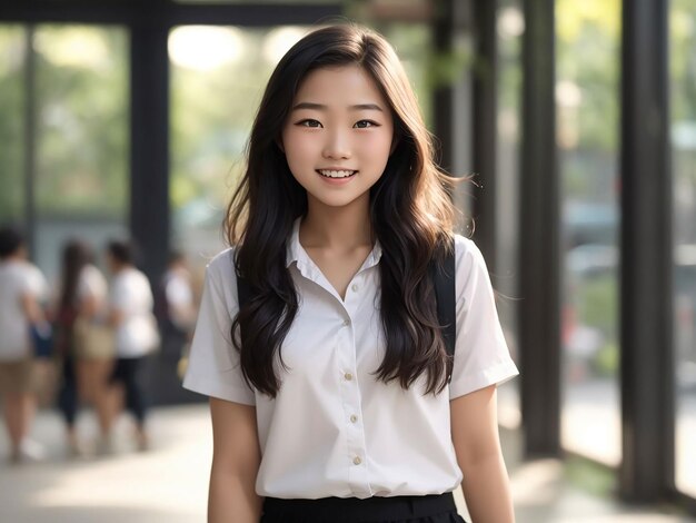 Portrait of pretty joyful teenage asian student woman in white shirt and black short skirt