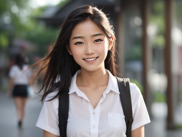 Portrait of pretty joyful teenage asian student woman in white shirt and black short skirt