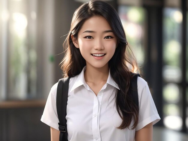 Portrait of pretty joyful teenage asian student woman in white shirt and black short skirt