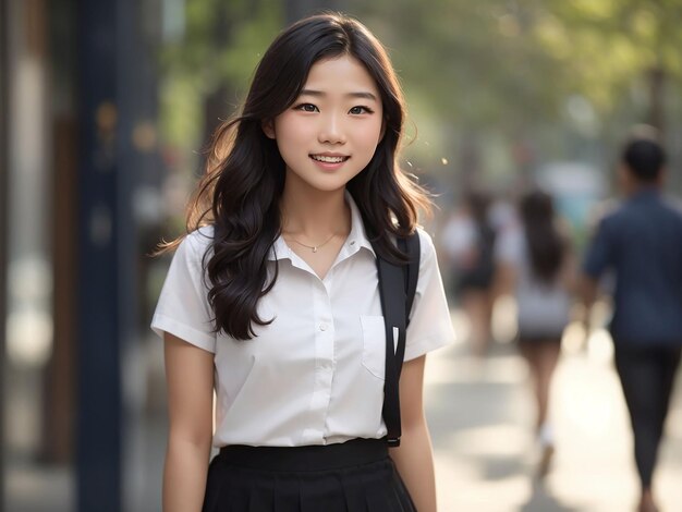 Portrait of pretty joyful teenage asian student woman in white shirt and black short skirt