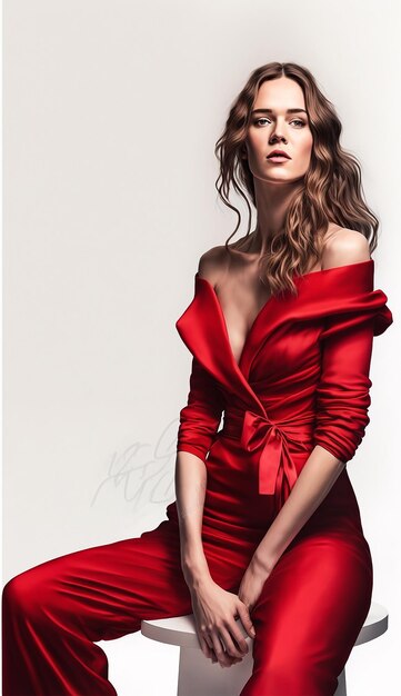 Portrait of pretty lady in red warm jacket and stylish fashion design