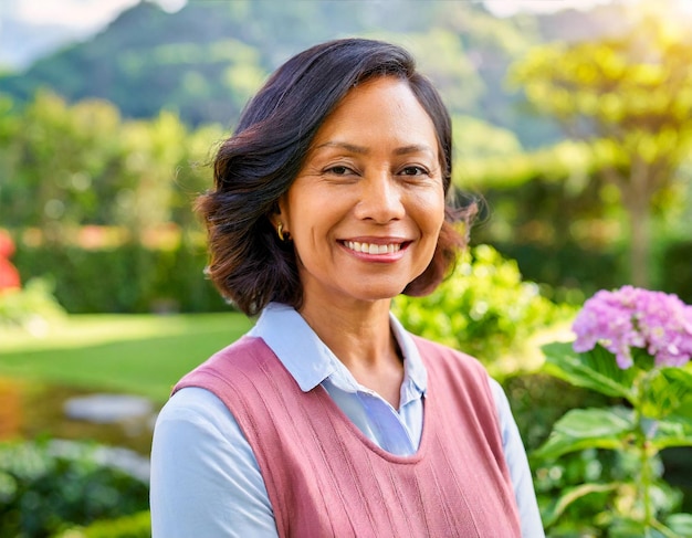 Portrait of pretty mature woman in garden with mountain background in nature concept