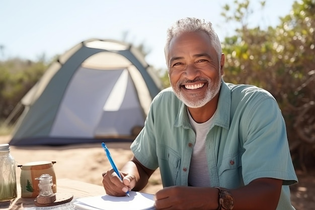 Portrait of pretty senior man in white casuals writing journal besides tent in forest AI Generated