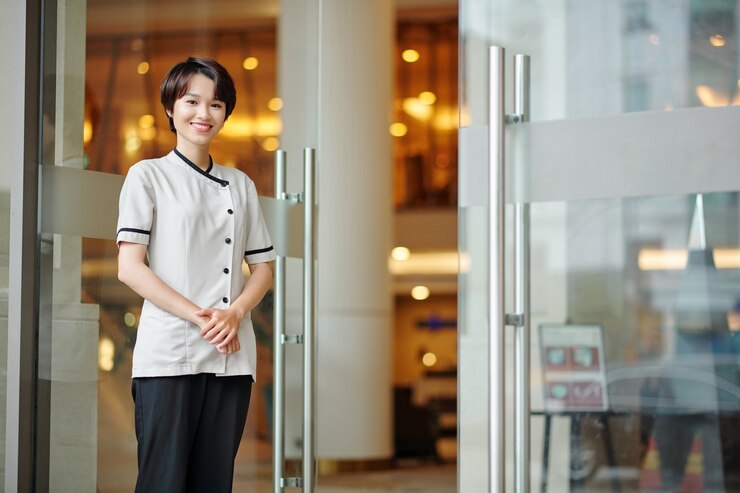 Photo ガラスのドアに立ってカメラを見ているかなり笑顔の女性ホテルコンシェルジュの肖像画