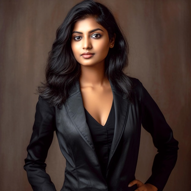 portrait of pretty tan skin girl posing to camera in brown background