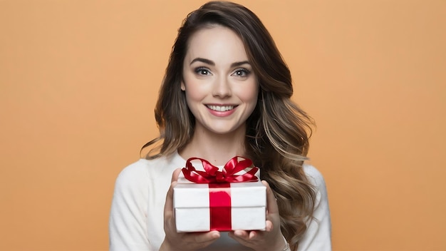 Portrait of a pretty woman holding gift box