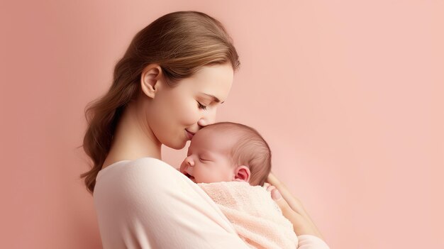 Portrait pretty woman holding a newborn baby Loving mom carying of her newborn baby in her arms Created with Generate Ai Technology