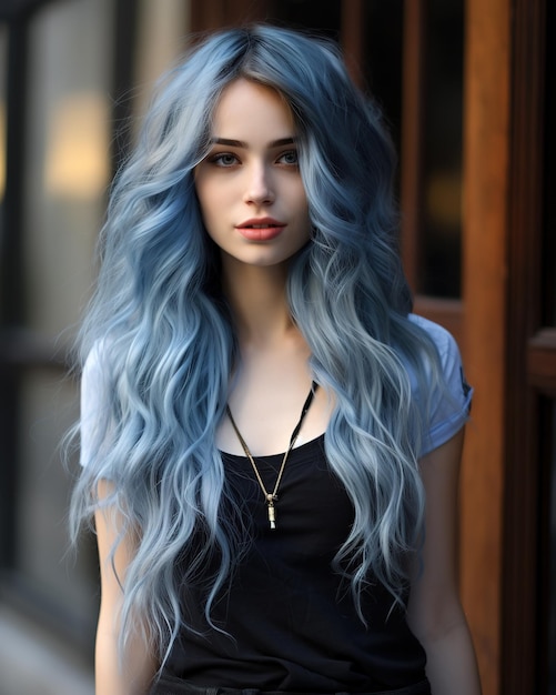 Portrait of pretty woman with dyed blue long hair on blurred background