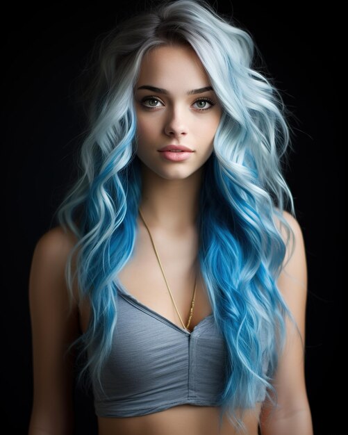 Portrait of pretty woman with dyed blue long hair on blurred background