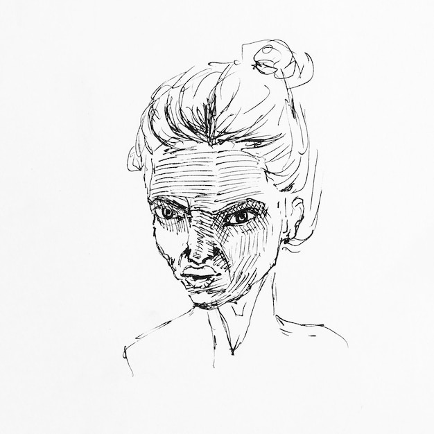 Photo portrait of pretty young bad girl closeup of female face drawing by hand with black ink on paper