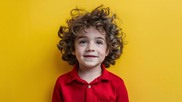 Portrait of pretty young curly boy in red wear on yellow studio wall