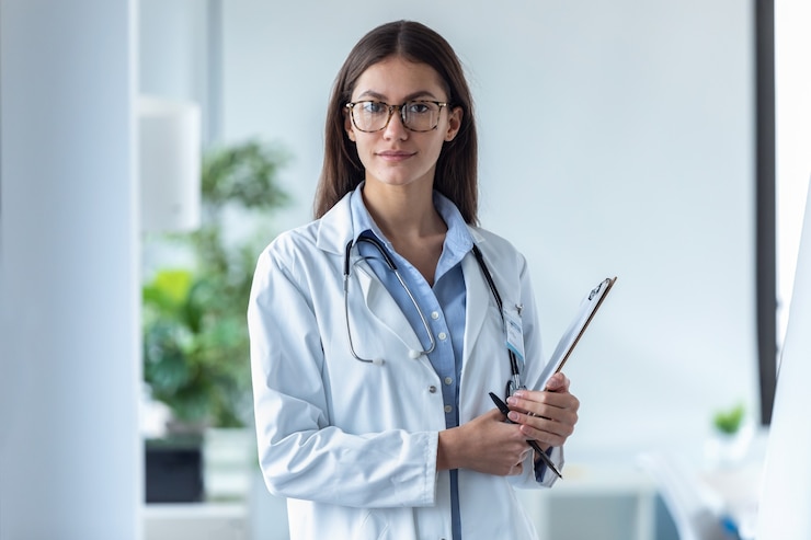 Photo portrait of pretty young female doctor looking at camera while standing in the office.