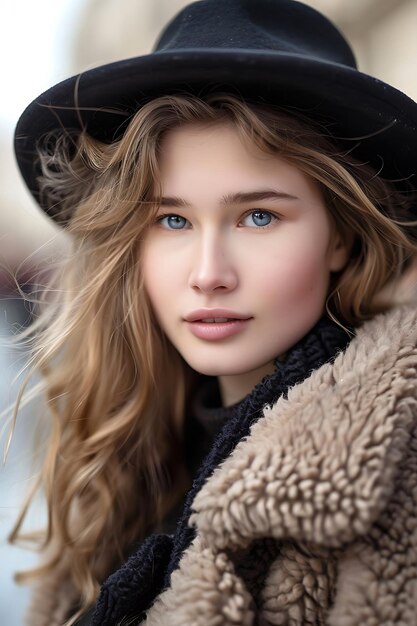 Портрет красивой молодой модели в стильном зимнем пушистом пальто и черной шляпе