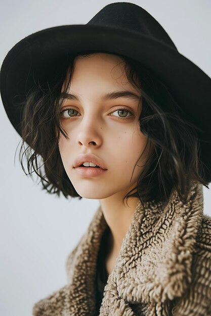 Portrait of pretty young model in stylish winter fluffy coat and black hat posing