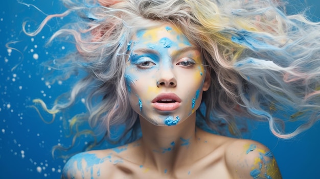 Portrait of a pretty young teenage girl with flowing colorful blue paint splash hair vibrant windblown and tangled rebellious portrait glamour Generative AI