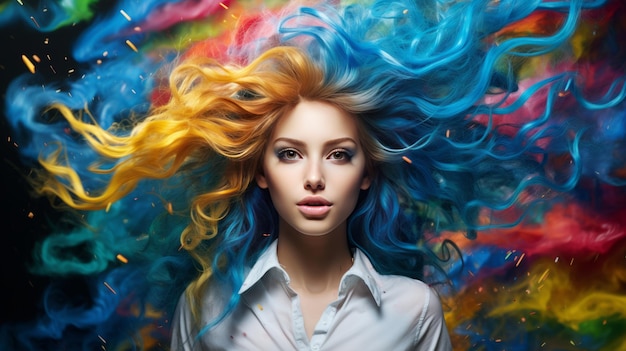 Portrait of a pretty young teenage girl with flowing colorful blue paint splash hair vibrant windblown and tangled rebellious portrait glamour Generative AI