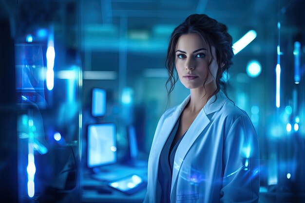 Portrait pretty young woman doctor or scientist wearing white coat and standing in laboratory