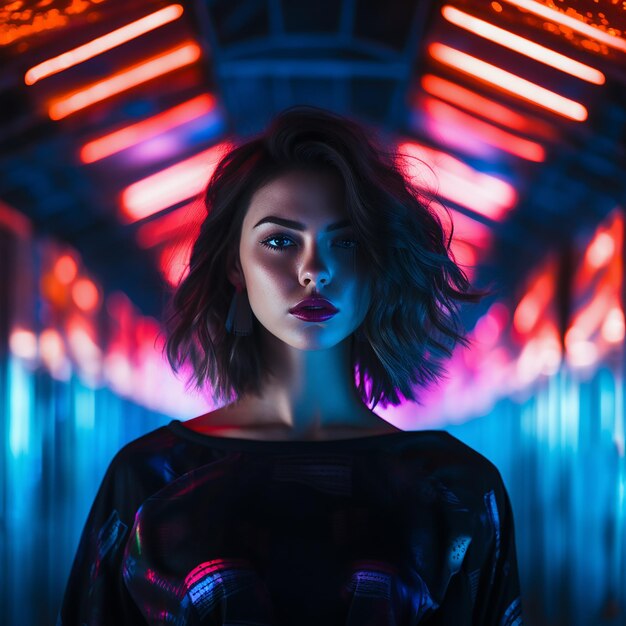 Portrait of a pretty young woman in neon lights with dark