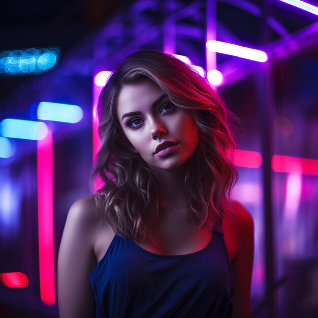 Portrait of a pretty young woman in neon lights with dark