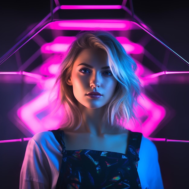 Portrait of a pretty young woman in neon lights with dark